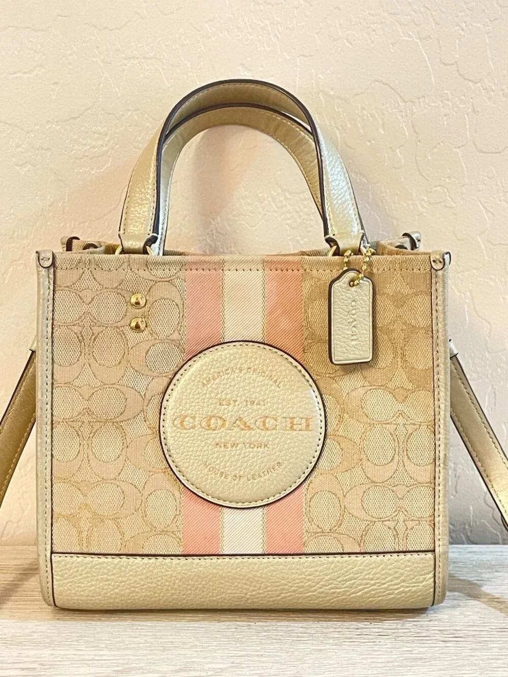 Coach Dempsey Tote 22 Crossbody Bag CG096 Signature Stripe Pink Khaki